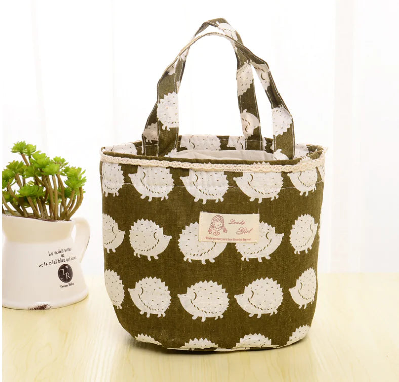 Japanese Cotton Linen Drawstring Insulated Lunch Bag